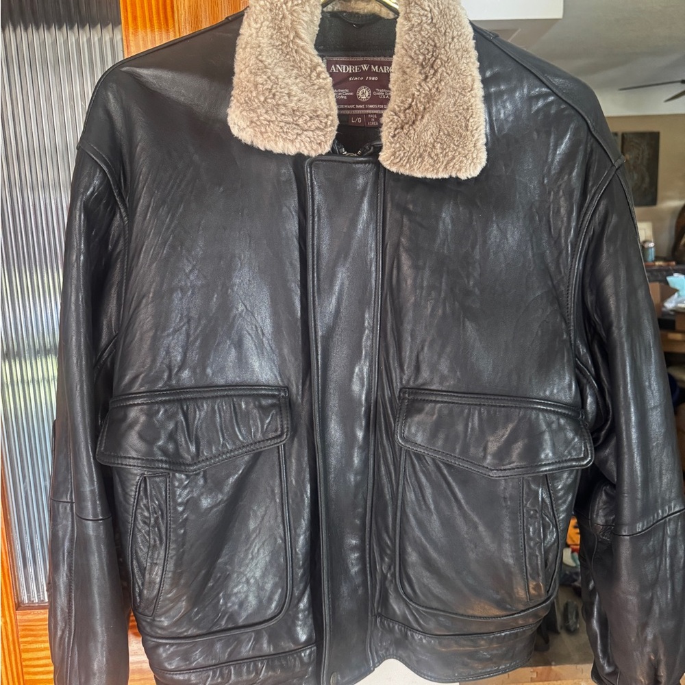 Andrew Marc Black Leather Jacket with Cream Collar